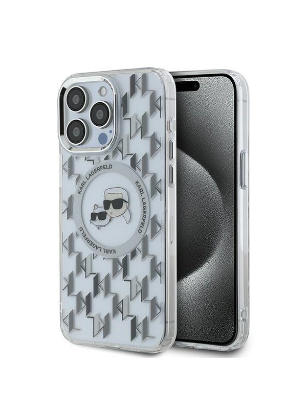 Karl Lagerfeld IML Monogram Karl & Choupette Head MagSafe Case for iPhone 15 Pro Max - Clear