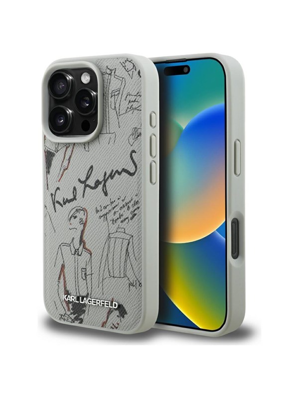 Karl Lagerfeld Grained Pattern & Logo MagSafe Case for iPhone 16 Pro - Gray