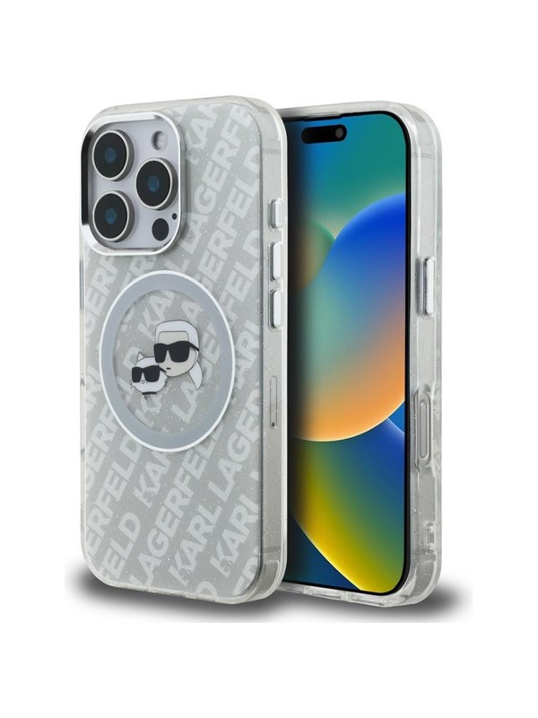 Karl Lagerfeld IML Glitter Karl & Choupette Heads Logo MagSafe Case for iPhone 16 Pro - Gray