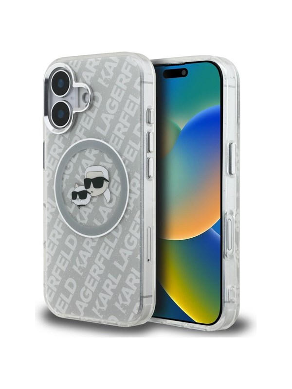 Karl Lagerfeld IML Glitter Karl & Choupette Heads Logo MagSafe iPhone 16 Case - Gray