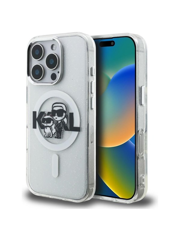 Karl Lagerfeld IML Glitter Karl & Choupette Sketch Logo MagSafe Case for iPhone 16 Pro Max - Clear