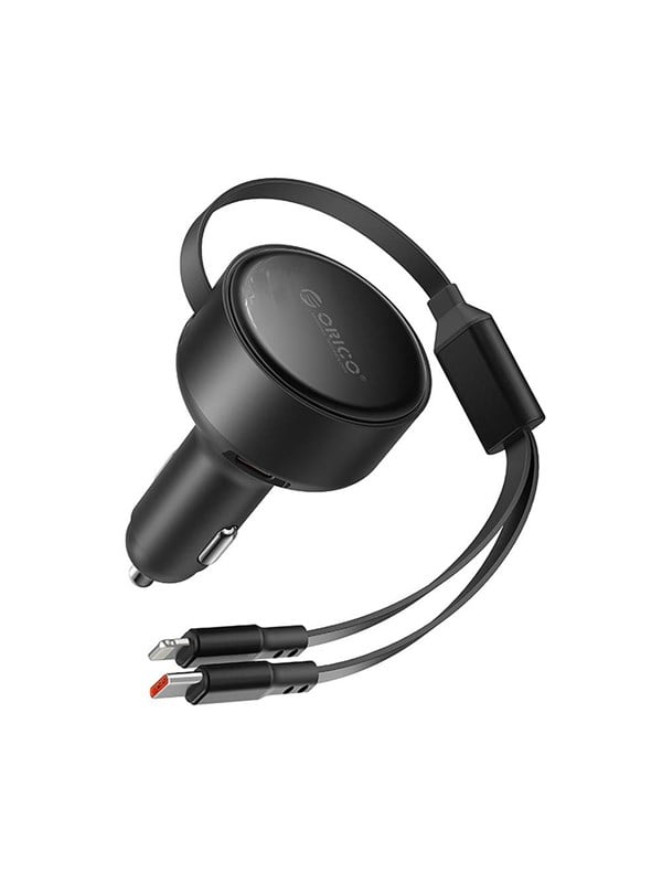 ORICO Dual Stretch 60W USB-C Car Charger with Two Retractable USB-C + Lightning Cables - Black