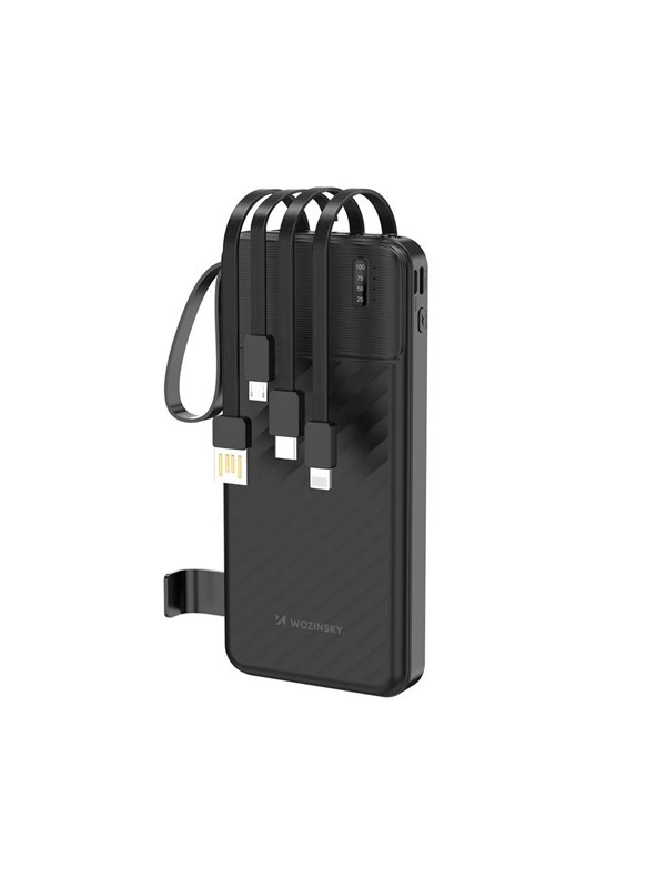 Wozinsky W11-B 10000mAh 10W Powerbank with Built-in Cables and Flashlight - Black - 10000 mAh