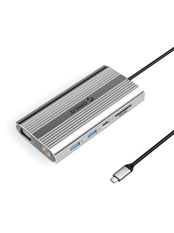 ORICO XDR 12in1 USB-C Docking Station USB-A USB-C HDMI 4K VGA RJ45 Gigabit PD 100W SD and microSD Card Reader - Silver USB hub - 12 - USB 3.1 - Grijs
