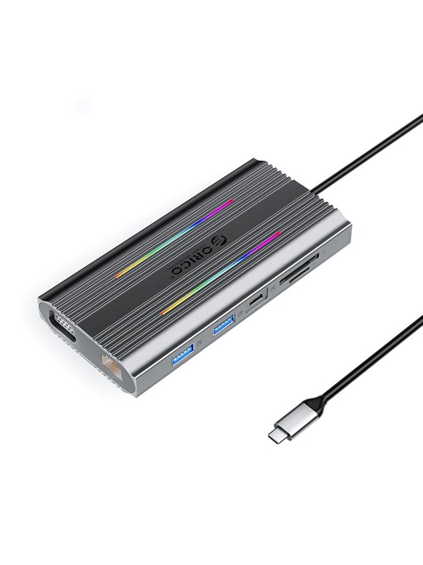 ORICO XCR 12in1 RGB USB-C Docking Station 3x USB-A USB-C PD 100W HDMI 4K VGA RJ45 Gigabit SD and microSD Card Reader - Gray USB hub - 12 - USB 3.1 - Grijs