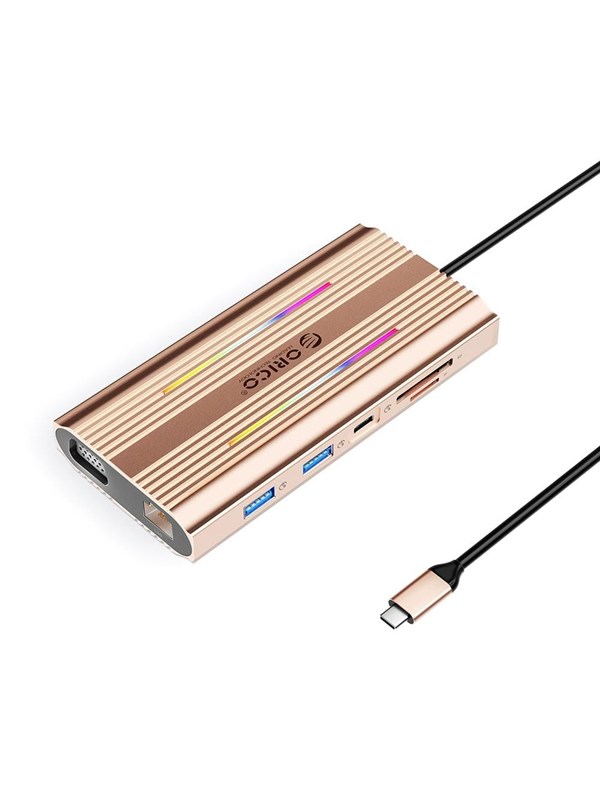 ORICO XDR 12in1 RGB USB-C Docking Station 3x USB-A USB-C PD 100W HDMI 4K VGA RJ45 Gigabit SD and microSD Card Reader - Rose Gold USB hub - 12 - USB 3.1