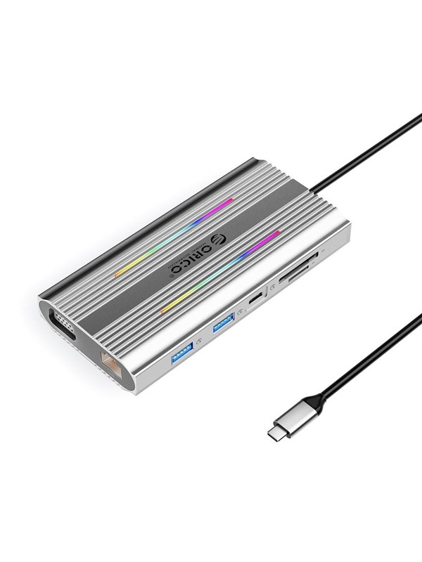 ORICO XCR 12in1 RGB USB-C Docking Station 3x USB-A USB-C PD 100W HDMI 4K VGA RJ45 Gigabit SD and microSD Card Reader - Silver USB hub - 12 - USB 3.1 - Grijs