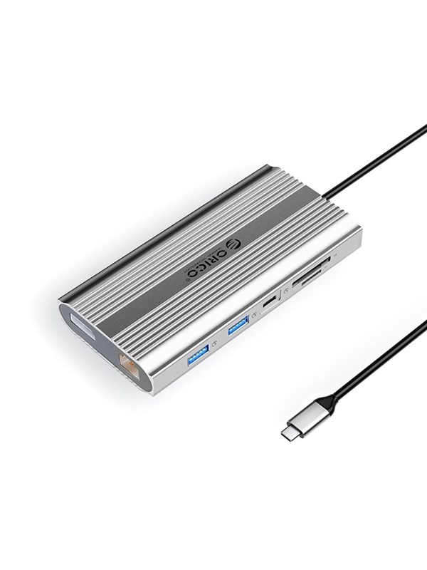 ORICO XDR 12in1 USB-C Docking Station USB-A USB-C 2x HDMI 4K 60Hz DisplayPort 4K 60Hz RJ45 Gigabit PD 100W SD and microSD Card Reader - Silver USB hub - 12 - USB 3.1 - Grijs