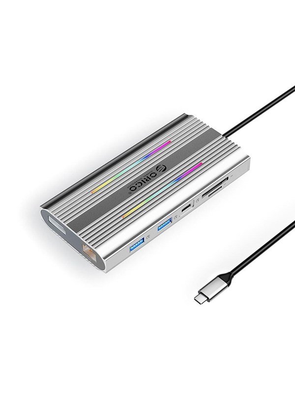 ORICO XDR 12in1 RGB USB-C Docking Station USB-A USB-C 2x HDMI 4K 60 Hz DisplayPort 4K 60 Hz RJ45 Gigabit PD 100W SD and microSD Card Reader - Silver USB hub - 12 - USB 3.1 - Grijs