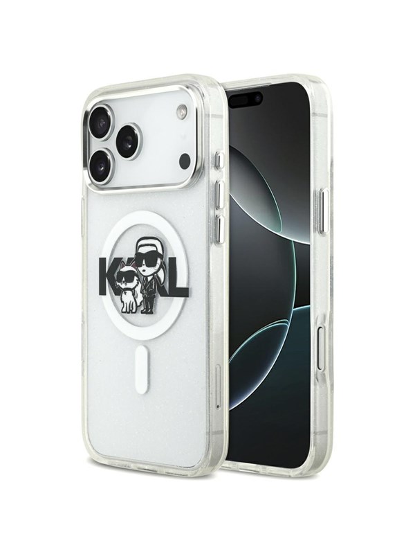 Karl Lagerfeld IML Glitter Karl & Choupette Sketch Logo MagSafe Case for iPhone 17 Pro Max - Clear
