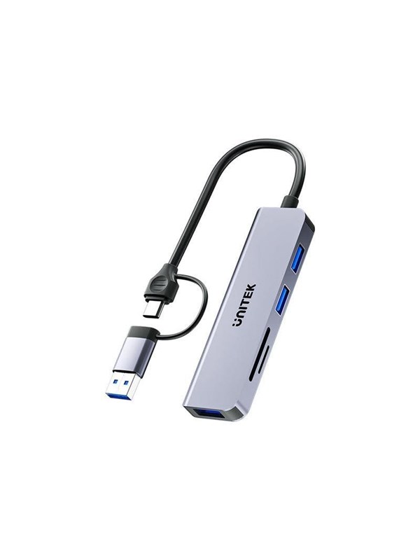 Unitek uHUB P5+ H1320A - hub - 5-in-1 5 Gbps with SD and micro SD card reader - 3 ports USB hub - 3 - USB 3.2 - Grijs