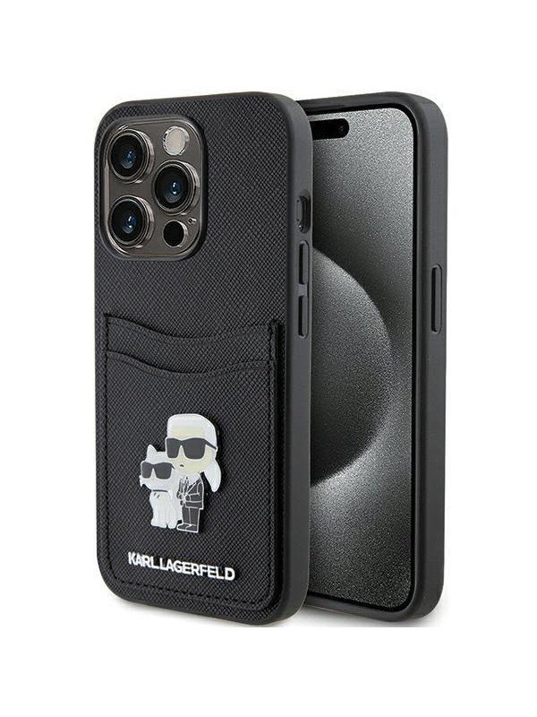 Karl Lagerfeld Saffiano Cardslot Karl&Choupette Metal Pin case for iPhone 15 Pro - black