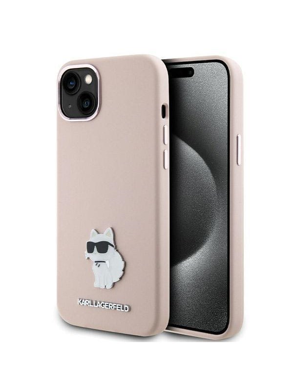 Karl Lagerfeld Silicone Choupette Metal Pin Case for iPhone 15 Plus / 14 Plus - Pink