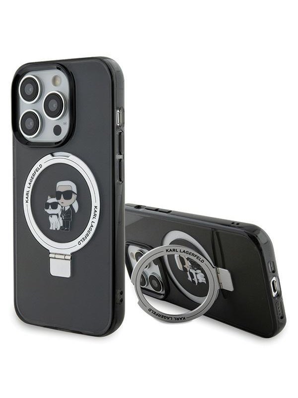 Karl Lagerfeld Ring Stand Karl & Choupette Hard Case Back Cover met MagSafe voor Apple iPhone 15 Pro - Zwart