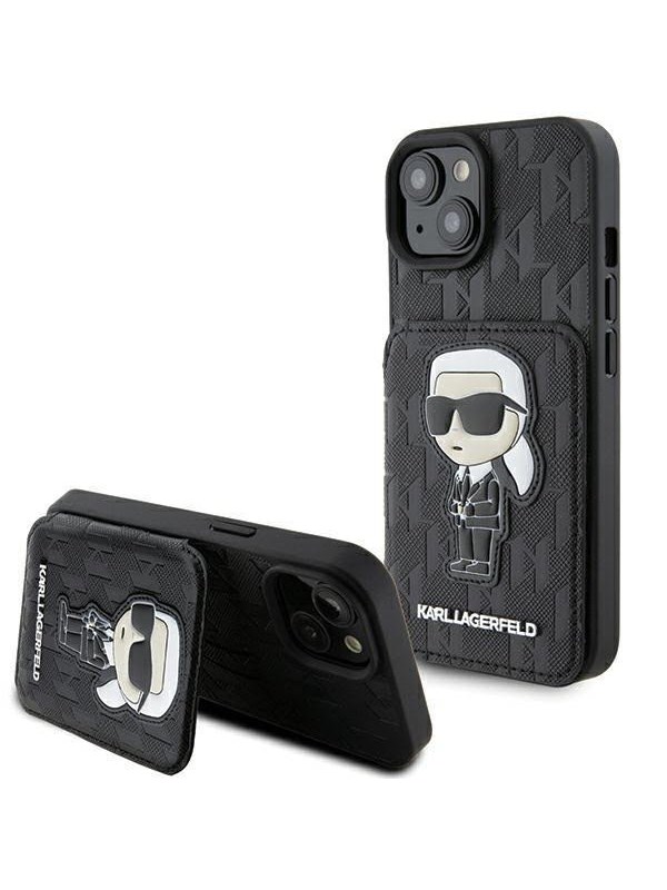 Karl Lagerfeld Saffiano Cardslots and Stand Monogram Ikonik Patch case for iPhone 15 - black