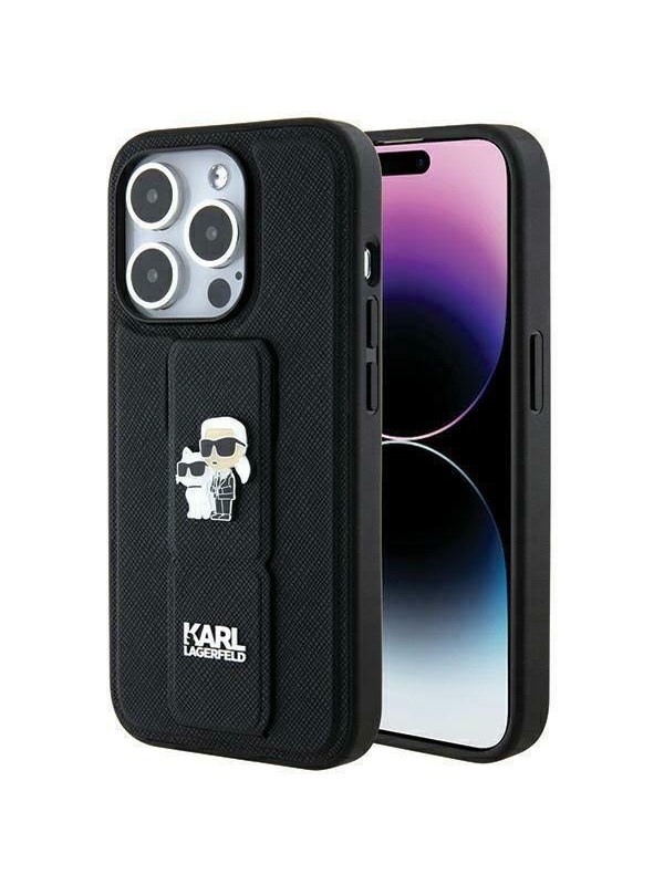 Karl Lagerfeld Gripstand Saffiano Karl&Choupette Pins case for iPhone 13 Pro / 13 - black
