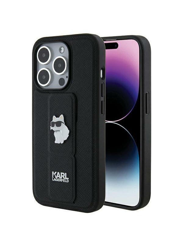 Karl Lagerfeld Gripstand Saffiano Choupette Pins case for iPhone 14 Pro Max - black
