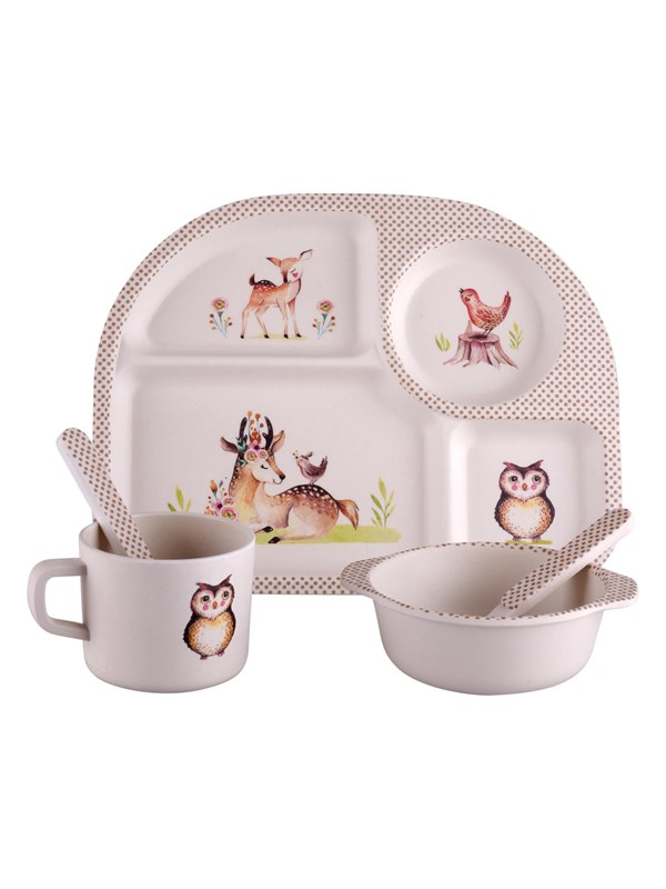 Little Woodies Wood Friends - Mealtime Set w. 4 Room Plate - 5pcs