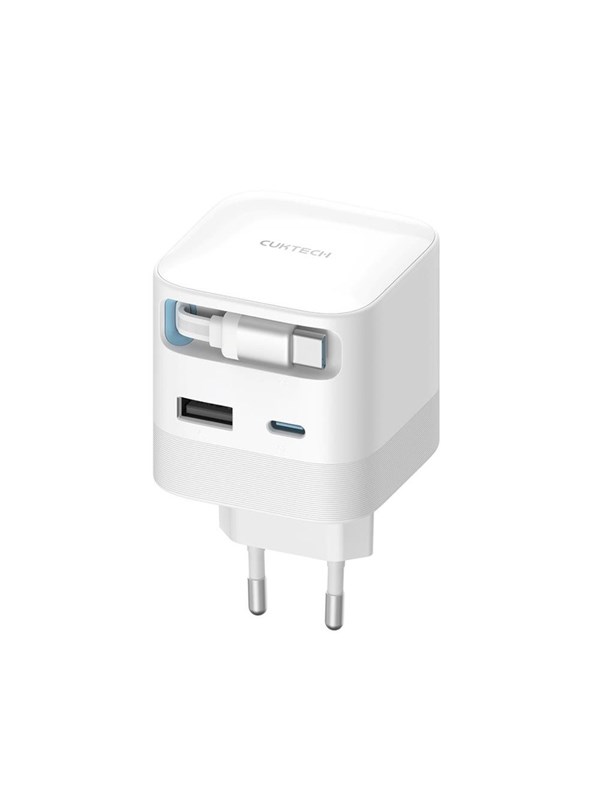 CUKTECH AD653W 67W GaN 2x USB-C + USB-A Wall Charger with 70cm Retractable USB-C Cable - White