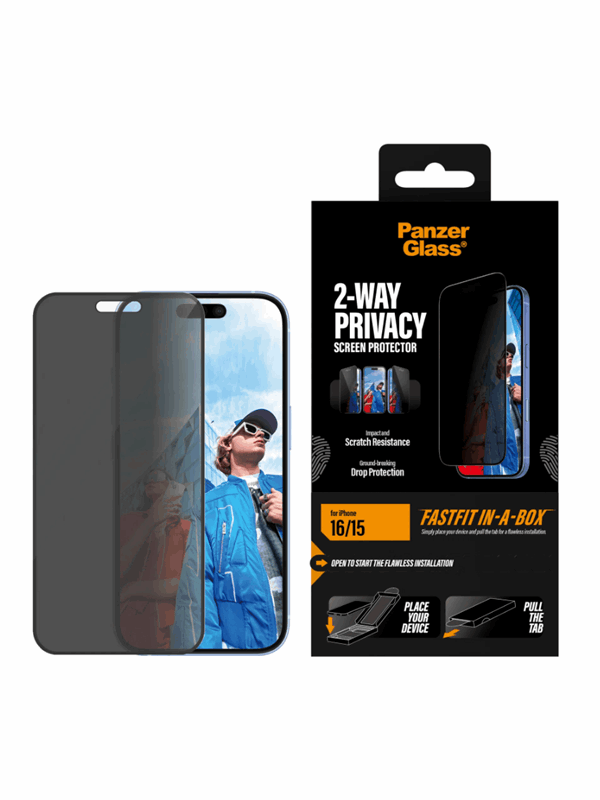 PanzerGlass 2-Way Privacy Screen Protector iPhone 16 | 15 | Ultra-Wide Fit w. Fastfit in-a-box