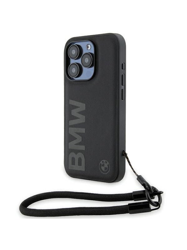 BMW Signature Leather Wordmark Cord case for iPhone 15 Pro - black