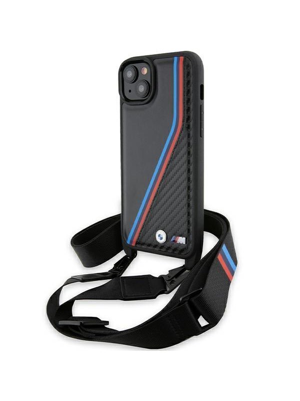 BMW M Edition Carbon Tricolor Lines & Strap case for iPhone 15 Plus / 14 Plus - black