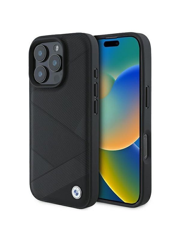 BMW Signature Leather Crossing Lines Pattern iPhone 16 Pro Case - Black