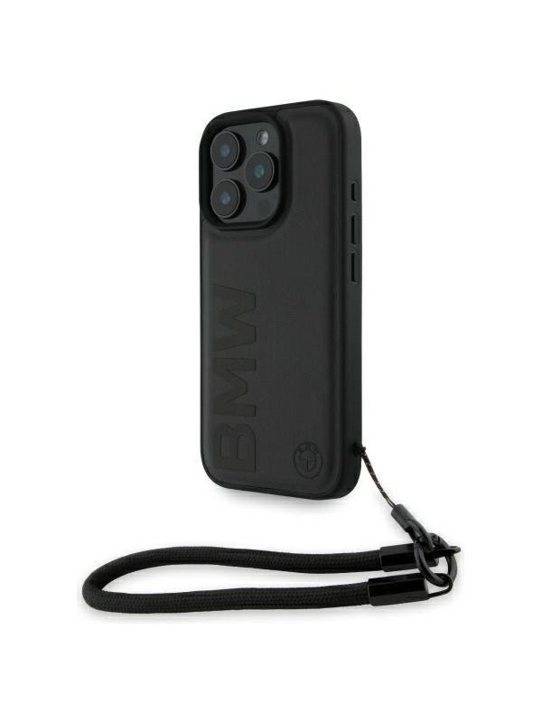 BMW Signature Leather Wordmark Cord Case for iPhone 16 Pro - Black