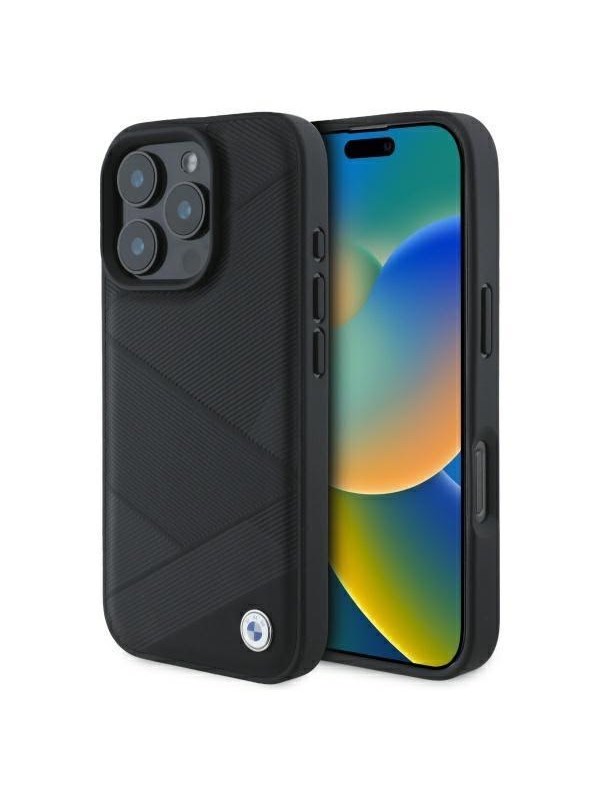BMW Sign Leather Crossing Lines Pattern iPhone 16 Pro Max Case - Black