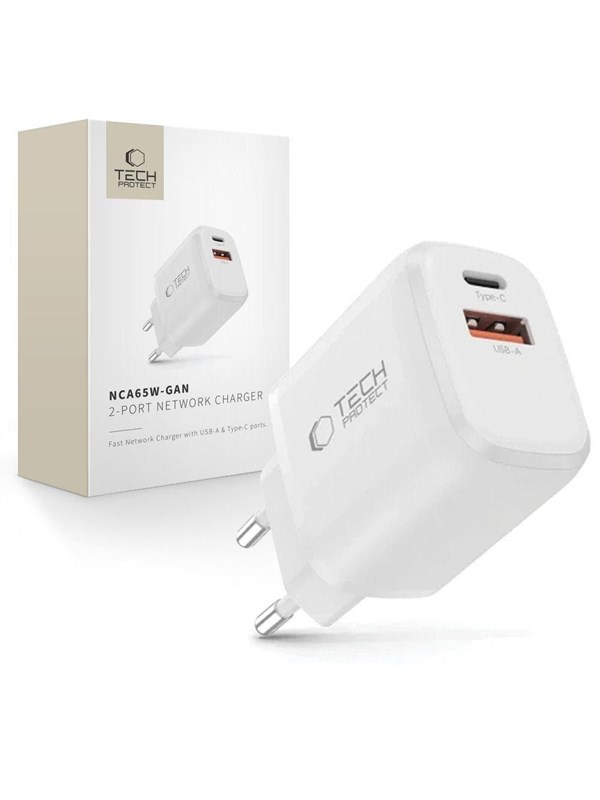Tech-Protect NCA65W-GAN 2-Port PD 65W / QC3.0 2-Port Wall Charger - White
