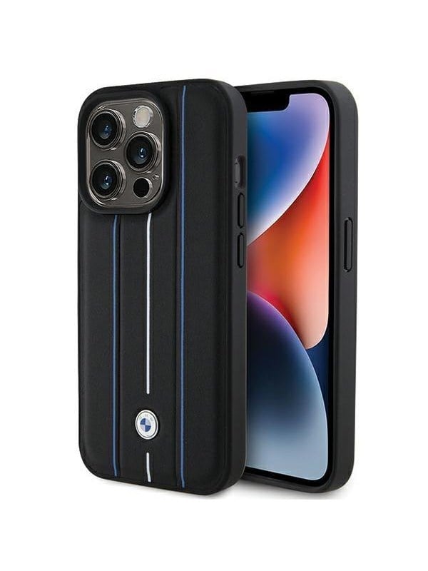 BMW Leather Stamp Blue Line Case for iPhone 15 Pro Max - Black