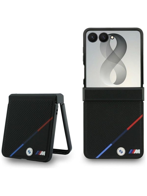 BMW M Leather Perforated Tricolor Stripe Metal Logos MagSafe Case for Samsung Galaxy Z Flip 8 - Black
