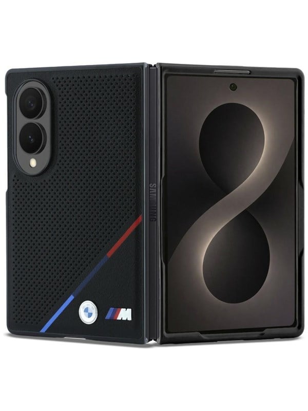 BMW M Leather Perforated Tricolor Stripe Metal Logos MagSafe Case for Samsung Galaxy Z Fold 8 - Black