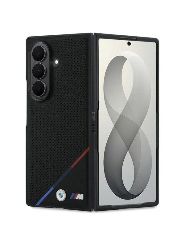 BMW M Leather Perforated Tricolor Stripe Metal Logos MagSafe Case for Samsung Galaxy Z Fold 8 Ultra - Black