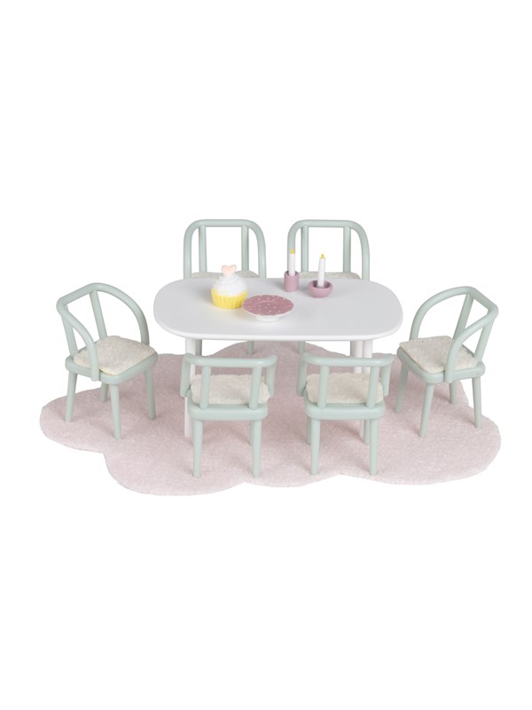 Micki Lundby eetkamer met 6 stoelen, tafel, vloerkleed, lampen, taart, schaal, planken (Leeftijd 3+)