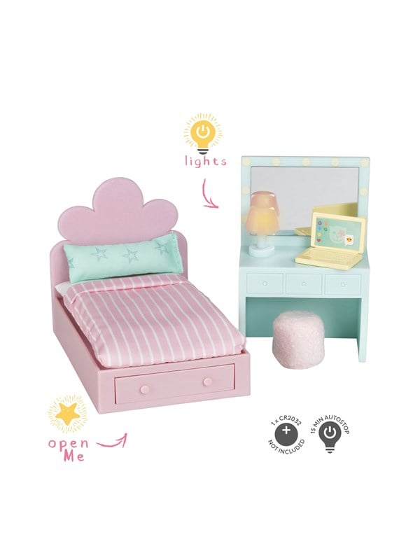 Micki Lundby tienerkamer met roze bed, kaptafel, computer en poef. Lamp met licht, lade kan open. Gebruikt 1x CR2032-batterij (niet inbegrepen). 15-minuten automatische uitschakeling.