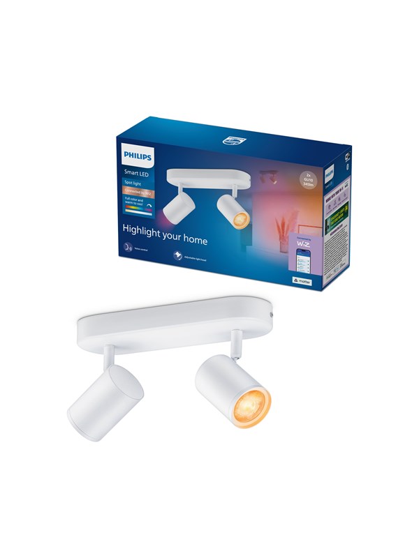 Philips Smart Lighting - Opbouwspot - 2 Spots - RGB - Gekleurd en instelbaar wit licht - Dimbaar - Wit - 2x5W - GU10 fitting - Werkt met de WiZ app - Wifi