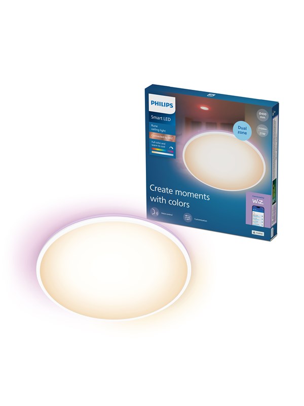 Philips Smart Lighting - Rune Plafondlamp - 2 lichtzones - RGB - Gekleurd en instelbaar wit licht - Dimbaar - Wit - 21W - Rond - Werkt met de WiZ app - Wifi