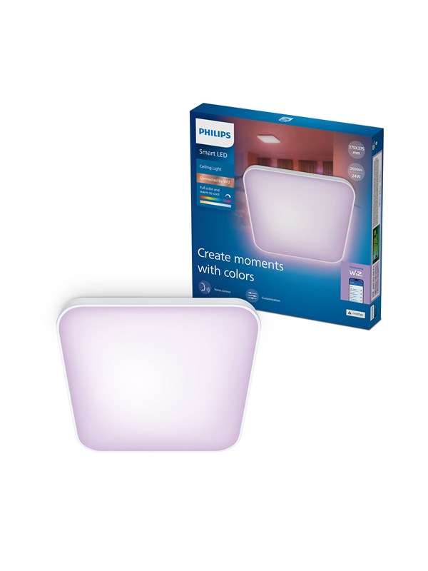 Philips Smart Lighting - Plafondlamp - RGB - Gekleurd en instelbaar wit licht - Dimbaar - Breedte: 37,5cm - Wit - 24W - Vierkant - Werkt met de WiZ app - Wifi