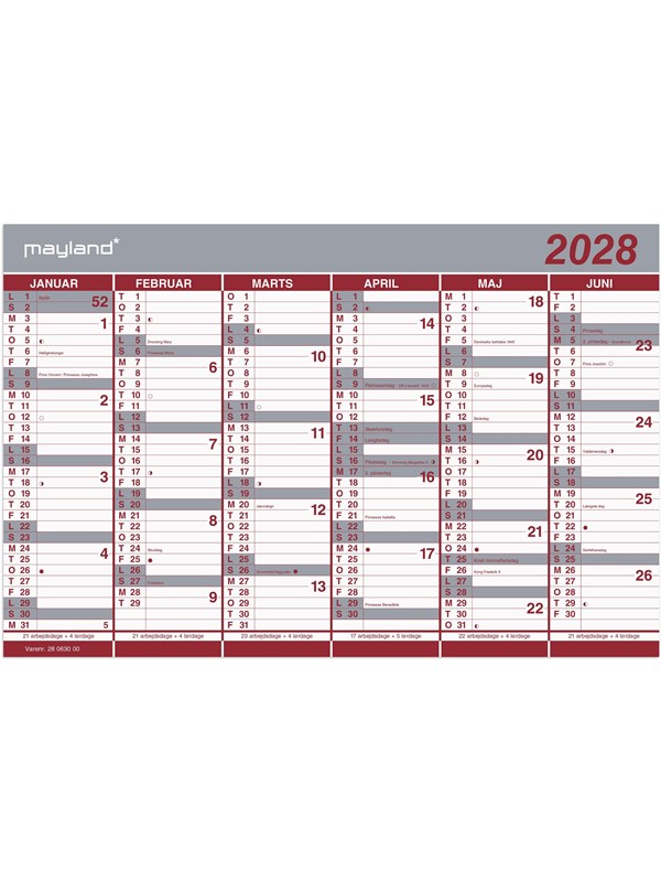 Mayland Kontorkalender Dobbelt halvårskalender 2028