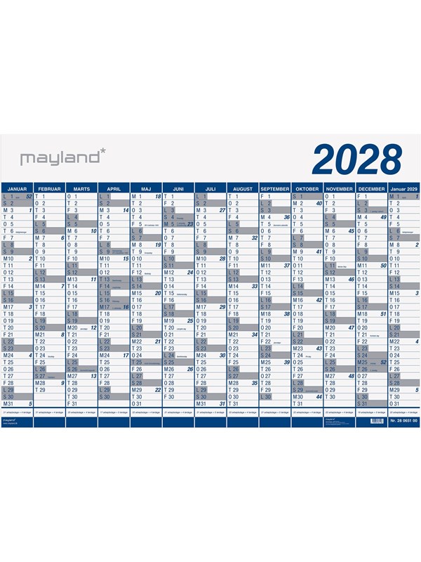 Mayland Kæmpekalender 1x13 mdr. PP-plast rør 2028