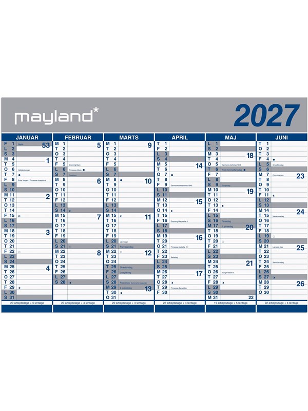 Mayland Kæmpekalender 2x6 mdr. papir 2027 (i plastpose)
