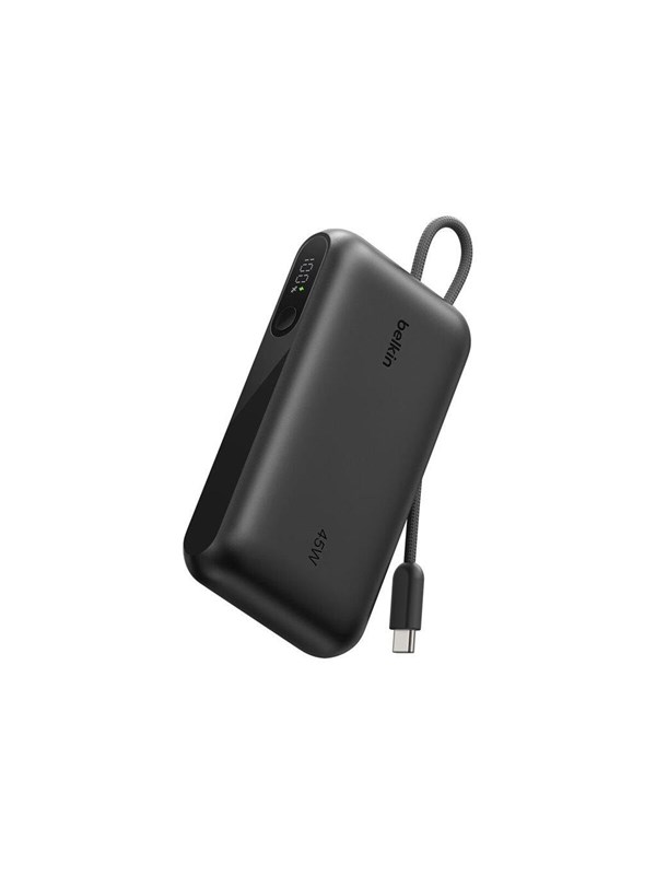 Belkin UltraCharge Powerbank 10.000 mAh – 45 W USB-C PD – Geïntegreerde USB-C-kabel en Digitaal Display – Zwart