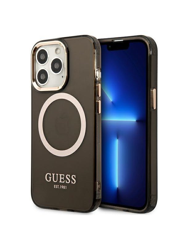 GUESS Gold Outline Translucent MagSafe Case for iPhone 13 Pro / iPhone 13 - Black