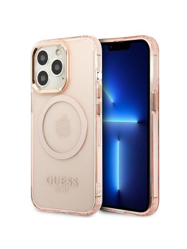 GUESS Gold Outline Translucent MagSafe case for iPhone 13 Pro Max - pink