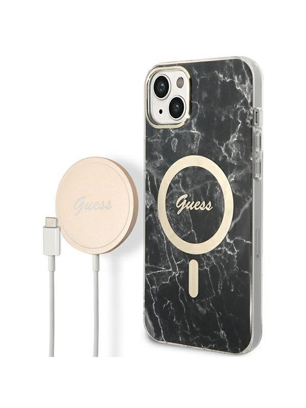 GUESS GUBPP14SHMEACSK Case+ Charger iPhone 14 6.1" black/black hard case Marble MagSafe