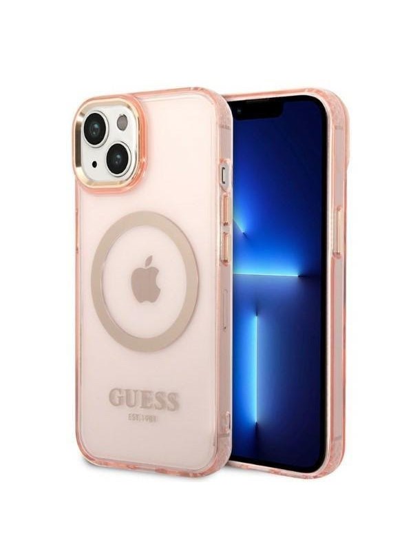 GUESS GUHMP14MHTCMP iPhone 14 Plus 6.7" pink/pink hard case Gold Outline Translucent MagSafe