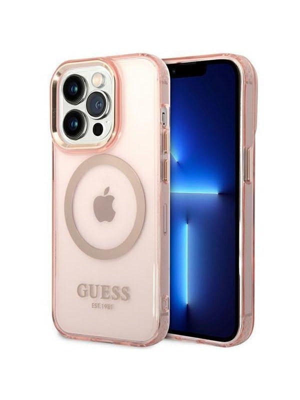 GUESS GUHMP14XHTCMP iPhone 14 Pro Max 6.7" pink/pink hard case Gold Outline Translucent MagSafe