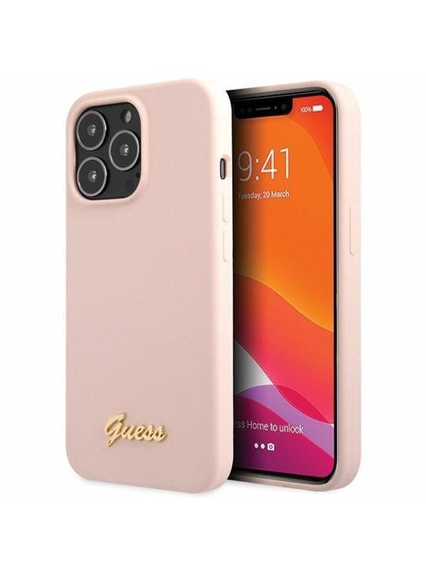 GUESS GUHCP13XLSLMGLP iPhone 13 Pro Max 6.7" light pink/light pink hardcase Silicone Script Gold Logo
