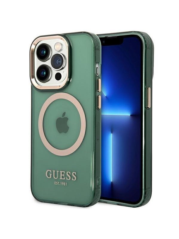 GUESS GUHMP14XHTCMA iPhone 14 Pro Max 6.7" green/khaki hard case Gold Outline Translucent MagSafe